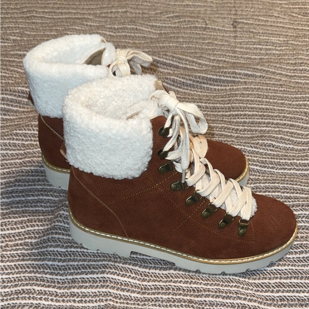 Women's Brown Faux-Shearling Lace-Up Ankle Booties - Picture 2 of 6